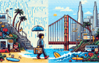 8-bit pixel art showing a character moving from a rainy Miami with palm trees to a techy San Francisco featuring the Golden Gate Bridge.