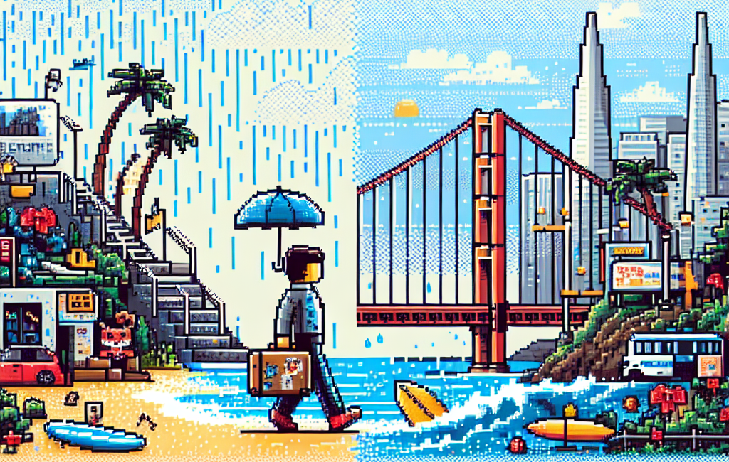 8-bit pixel art showing a character moving from a rainy Miami with palm trees to a techy San Francisco featuring the Golden Gate Bridge.