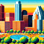 Retro video game style pixel art depicting a small group of people in a park in Austin, with blocky trees and a simplistic city skyline in the background.