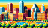 Retro video game style pixel art depicting a small group of people in a park in Austin, with blocky trees and a simplistic city skyline in the background.
