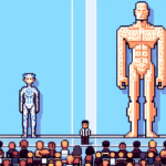 8-bit pixel art illustration of two contrasting characters at a tech conference, symbolizing a debate between specialized AI models and general God models