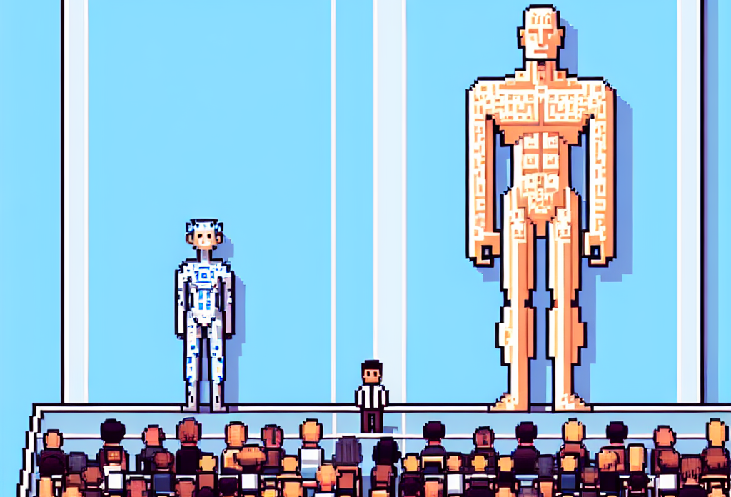 8-bit pixel art illustration of two contrasting characters at a tech conference, symbolizing a debate between specialized AI models and general God models
