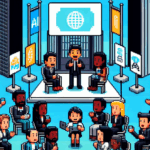 Pixel art depiction of a busy AI conference in San Francisco with attendees in lively discussions, presented in a retro video game style.