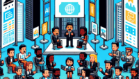 Pixel art depiction of a busy AI conference in San Francisco with attendees in lively discussions, presented in a retro video game style.