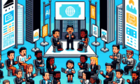 Pixel art depiction of a busy AI conference in San Francisco with attendees in lively discussions, presented in a retro video game style.
