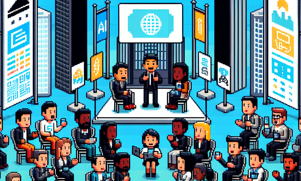 Pixel art depiction of a busy AI conference in San Francisco with attendees in lively discussions, presented in a retro video game style.